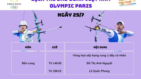 Lịch thi đấu Olympic hôm nay (25-7): Bắn cung xuất quân