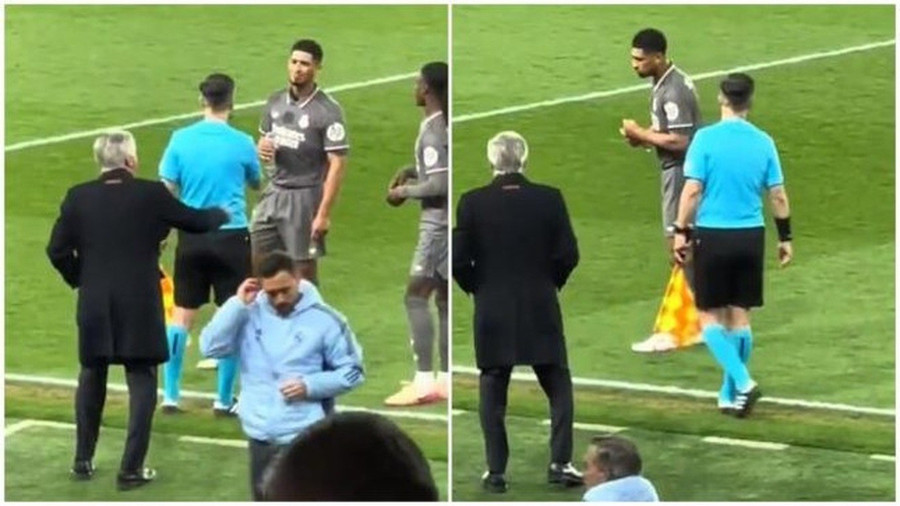 Bellingham tỏ thái độ với HLV Ancelotti trong trận Real Madrid thua Arsenal 0-3 ở lượt đi tứ kết Champions League. arsena.jpg