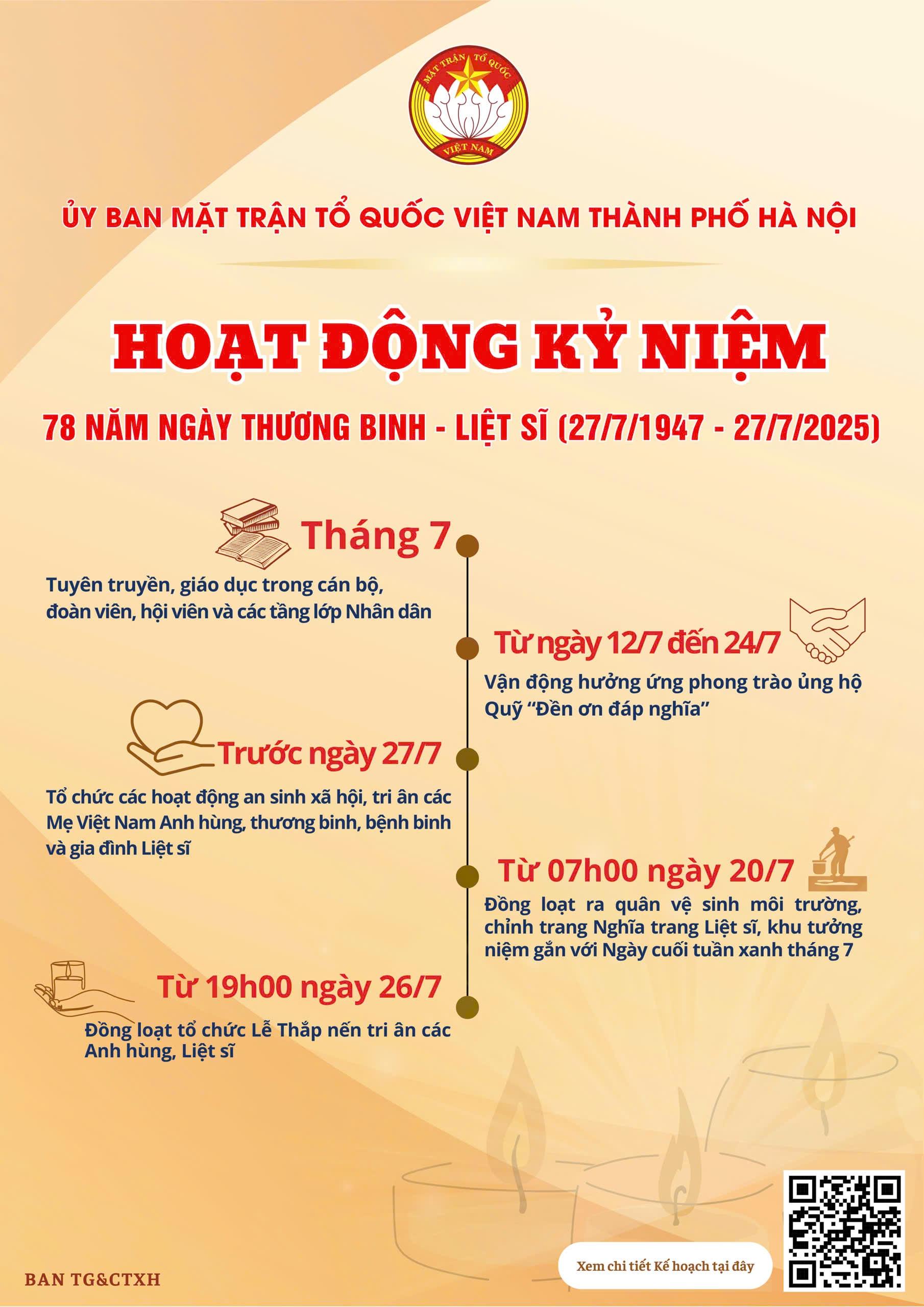 Ủy ban Mặt trận Tổ quốc Việt Nam TP Hà Nội vừa ban hành Kế hoạch tuyên truyền, tổ chức các hoạt động kỷ niệm 78 năm Ngày Thương binh - Liệt sĩ trên địa bàn TP