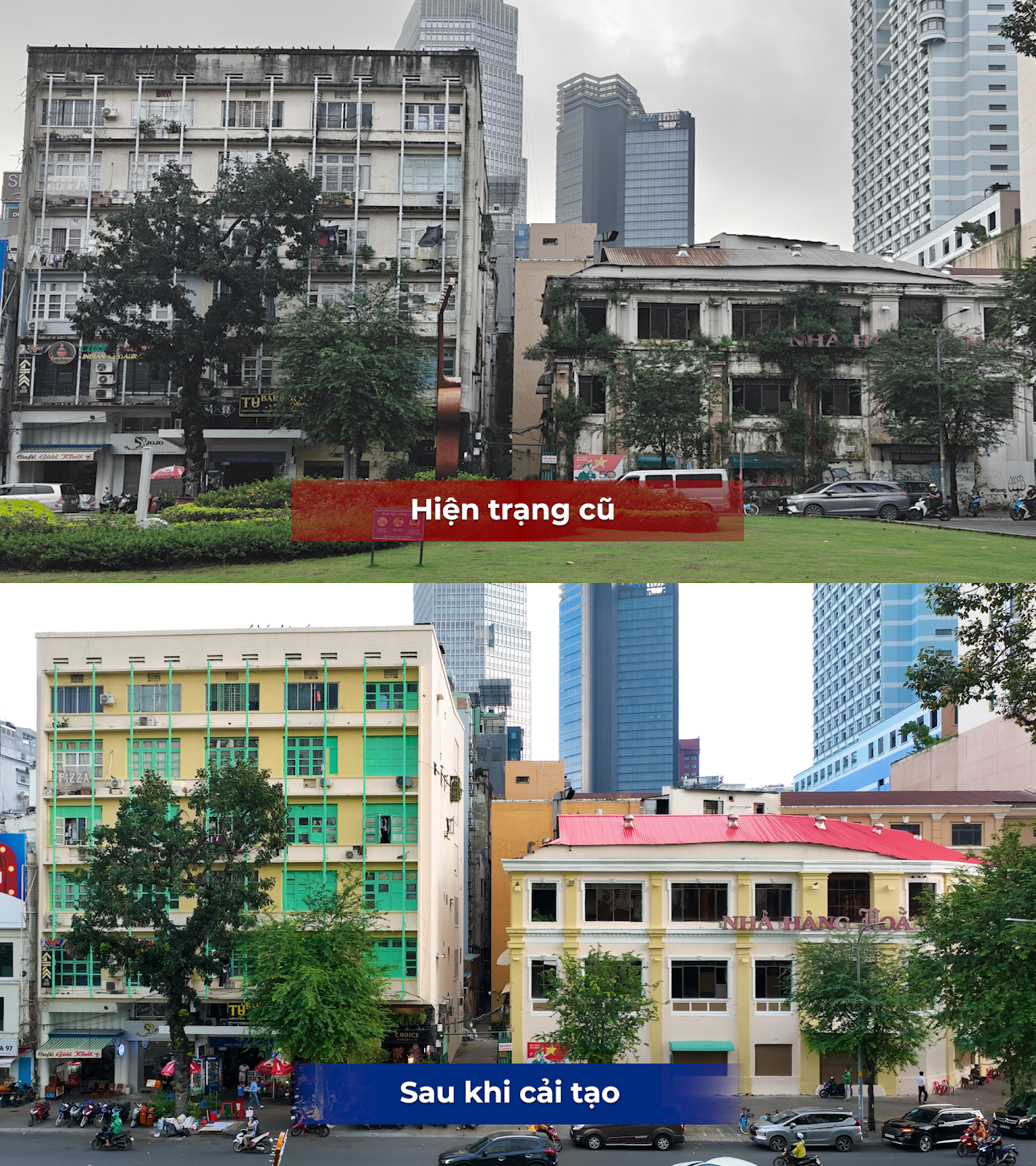 Công trình khu vực Công trường Lam Sơn trước và sau khi chỉnh trang; mặt tiền dãy nhà được vệ sinh rong rêu, cây bụi bám và sơn mới với màu sắc hài hòa.