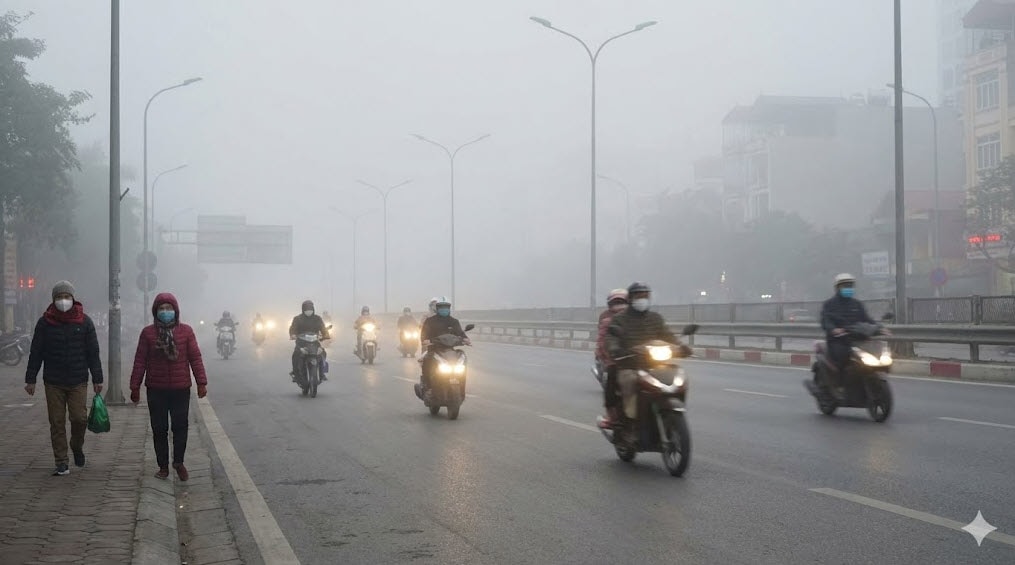 Sương mù dày đặc vào sáng sớm 19-1 làm hạn chế tầm nhìn của người tham gia giao thông tại Hà Nội - Ảnh minh họa