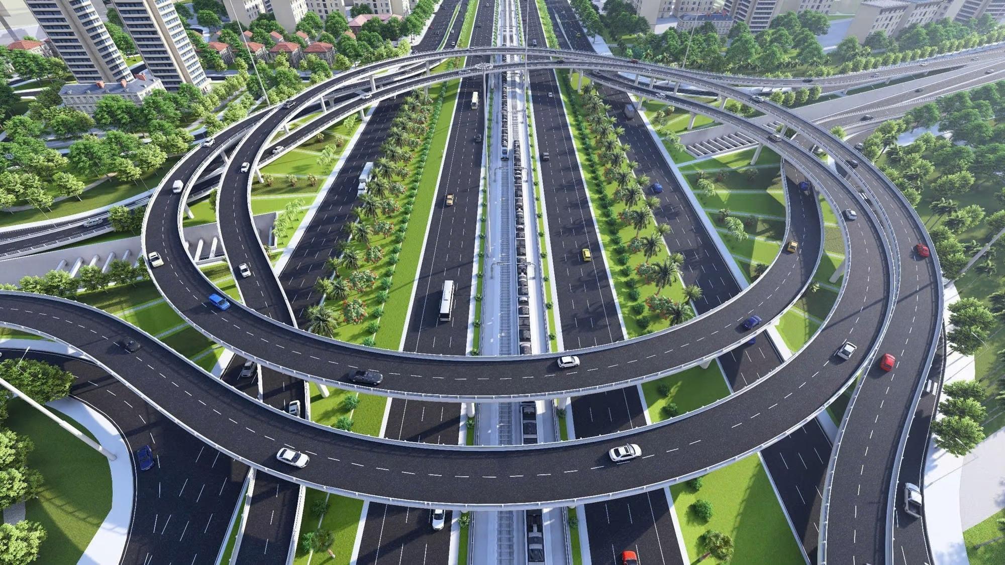 Phối cảnh dự án nút giao khác mức giữa đường Vành đai 3,5 và Đại lộ Thăng Long sau khi hoàn thành. Ảnh: PH