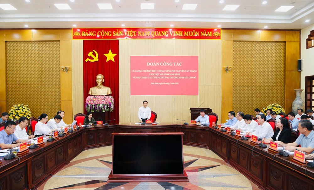 Ngày 10/7/2026, Phó Thủ tướng Nguyễn Văn Thắng chủ trì buổi làm việc với lãnh đạo tỉnh Ninh Bình về mục tiêu tăng trưởng kinh tế hai con số. Ảnh: BNB ninh-binh-4.jpg